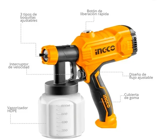 PISTOLA PARA PINTAR INALAMBRICA SIN BATERIA 800ML 20V MODELO CSGLI2001 MARCA INGCO