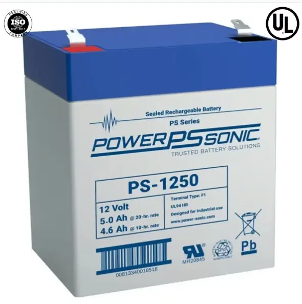 BATERÍA 12V, 5.0AH, PARA RESPALDO, TECNOLOGÍAS AGM/VRLA, 5 AÑOS VIDA ÚTIL, TERMINALES F2, RECONOCIDA UL MODELO: PS-1250-F2 MARCA: POWER SONIC