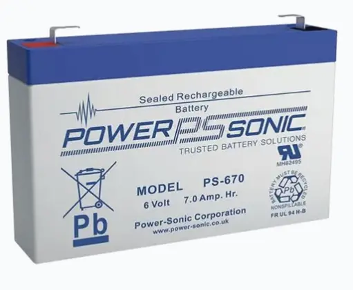 BATERÍA 6V, 7AH, PARA RESPALDO, TECNOLOGÍAS AGM/VRLA, 5 AÑOS VIDA ÚTIL, TERMINALES F1, RECONOCIDA UL MODELO: PS-670-F1 MARCA: POWER SONIC 