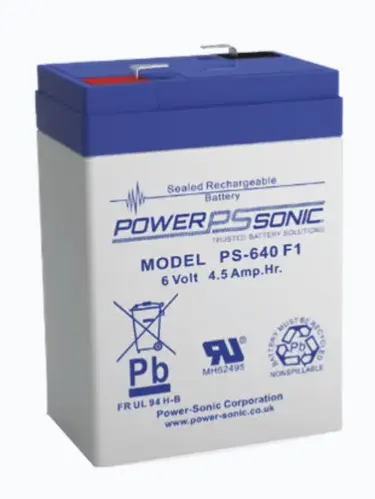 BATERÍA 6V, 4.5AH, PARA RESPALDO, TECNOLOGÍAS AGM/VRLA, 5 AÑOS VIDA ÚTIL, TERMINALES F1, RECONOCIDA UL MODELO: PS-640-F1 MARCA: POWER SONIC