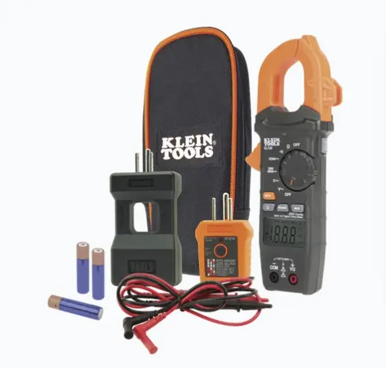 KIT DE AMPERÍMETRO DE GANCHO (400A CA) CON PROBADOR DE FASE Y DIVISOR (PARA MEDIR CORRIENTE SIN CORTAR EL CABLE). MIDE CORRIENTE CA HASTA 400 A CON PINZA DETECTA PROBLEMAS COMUNES DE CABLEADO ELÉCTRICO CLASIFICACIÓN DE SEGURIDAD CAT III 600 V, CLASE 2 PANTALLA RETROILUMINADA LCD CON RECUENTO DE 2000 PROTECCIÓN ANTE CAÍDAS DE HASTA 2 METROS MODELO: CL-120-KIT MARCA: KLEIN TOOLS 