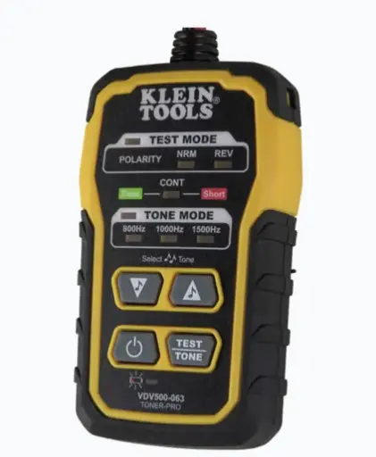GENERADOR DE TONO TONER-PRO CINCO CADENCIAS DE TONO DISTINTAS PARA OPTIMIZACIÓN CORDONES CON BORNES MULTICONTACTO ABN SEGUROS CONECTOR RJ11 PARA TELEFONÍA Y DATOS PRUEBA DE CONTINUIDAD Y POLARIDAD CON LED VISIBLES FUNCIÓN DE APAGADO AUTOMÁTICO E INDICADOR DE BATERÍA MODELO: VDV500063 MARCA: KLEIN TOOLS 