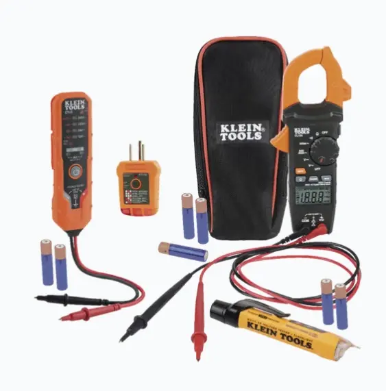 KIT DE PRUEBA ELÉCTRICA CL120+NCVT-3P+ET40+RT210 MULTÍMETRO DE GANCHO MIDE CA CON PINZAS LCD RETROILUMINADA PARA VISIBILIDAD EN BAJA LUZ NCVT-3P DETECTA VOLTAJES DE 12 A 1000 VCA ET40 PRUEBA VOLTAJES CA DE 12V A 240VCA RT210 DETECTA PROBLEMAS COMUNES DE CABLEADO MODELO: CL120VP MARCA: KLEIN TOOLS 