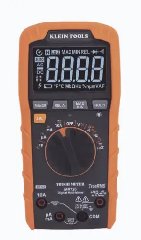 MULTÍMETRO DIGITAL DE RANGO AUTOMÁTICO CON TRMS 1000V MEDICIÓN DE TEMPERATURA Y BAJA IMPEDANCIA RANGO AUTOMÁTICO CON TRMS PARA MAYOR PRECISIÓN MIDE HASTA 1000 VCA/CD Y 10 ACA/CD PANTALLA DE ALTA VISIBILIDAD CON SENSOR ÓPTICO MODO LOZ PARA ELIMINAR VOLTAJES FANTASMAS RESISTENTE A CAÍDAS DE 2 M, IP42 MODELO: MM720 MARCA: KLEIN TOOLS 