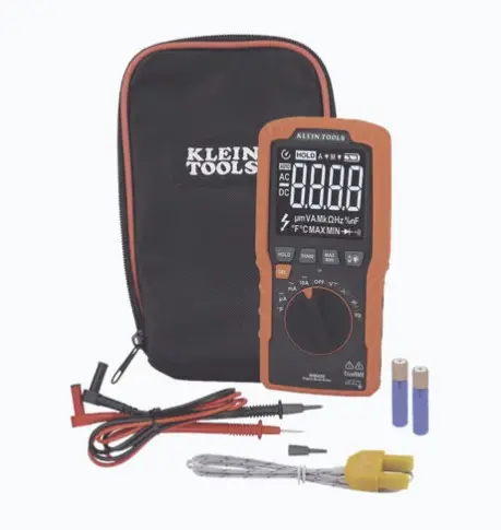 MULTÍMETRO DIGITAL ESBELTO DE RANGO AUTOMÁTICO CON TRMS 600V Y MEDICIÓN DE TEMPERATURA TECNOLOGÍA TRMS PARA MAYOR PRECISIÓN EN MEDICIONES MIDE HASTA 600 V CA/CC Y 10 A CA/CC PANTALLA DE ALTO CONTRASTE CON RETROILUMINACIÓN AUTOMÁTICA PROTECCIÓN DE ALERTA LED PARA CABLES DE PRUEBA RESISTE CAÍDAS DE HASTA 2 METROS DE ALTURA MODELO: MM450 MARCA: KLEIN TOOLS 