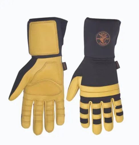 GUANTES DE TRABAJO PARA LINIERO. TALLA GRANDE PUÑOS DE NEOPRENO DE 4'' CON VENTILACIÓN LATERAL CONFECCIÓN EN CUERO BLANDO DE ALTA CALIDAD PARCHES REFORZADOS EN PALMA Y DEDOS NUDILLOS ACOLCHADOS DE DOBLE FILA PARA DURABILIDAD PARTE POSTERIOR ELASTIZADA CON LOGOTIPO KLEIN MODELO: 40082 MARCA: KLEIN TOOLS  