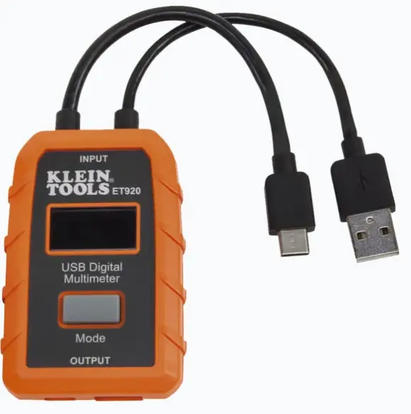 MULTÍMETRO DIGITAL USB PARA USB-A Y USB-C. SUPERVISA CONTINUA 1000 HORAS VOLTAJE, CORRIENTE, CAPACIDAD DETECTA SOBRECARGA DE VOLTAJE Y CORRIENTE AUTOMÁTICAMENTE PANTALLA LCD ALTA RESOLUCIÓN PARA POCA LUZ DISEÑO RESISTENTE, DE BOLSILLO, CAE DESDE 2M ALMACENA 10 LECTURAS, NO NECESITA BATERÍA MODELO: ET-920 MARCA: KLEIN TOOLS 