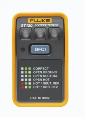 PROBADOR DE TOMACORRIENTE ELÉCTRICO ESTÁNDAR O GFCI, CON LEDS DE ALTO BRILLO Y GRÁFICO INCLUIDO PARA VERIFICAR RÁPIDA Y FÁCILMENTE EL CABLEADO IDENTIFICACIÓN RÁPIDA DE 6 ESTADOS DE CABLEADO LED DE ALTO BRILLO PARA FÁCIL VERIFICACIÓN PRUEBA GFCI CON UN SOLO BOTÓN DETECTA INVERSIÓN FASE-NEUTRO Y CONEXIÓN ABIERTA CONFIANZA MÁXIMA EN TRABAJOS ELÉCTRICOS MODELO: ST120 MARCA: FLUKE 