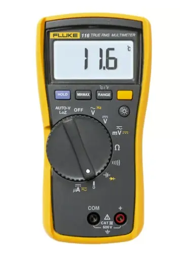 MULTÍMETRO DIGITAL PARA ELECTRICISTA, CON TERMÓMETRO INTEGRADO PARA APLICACIONES HVAC, USO CON VOLTAJE MÁXIMO DE 600 V, PANTALLA LED RETROILUMINADA MEDICIÓN DE TEMPERATURA Y MICROAMPERIOS PARA SISTEMAS HVAC USO SEGURO EN ENTORNOS CAT III 600 V PANTALLA DIGITAL 6000 RECUENTOS CON GRÁFICO DE BARRAS RANGO DE TEMPERATURA DE TRABAJO -10°C A +50°C PROTECCIÓN CONTRA SOBRECARGAS DE PICO 6 KV MODELO: FLUKE-116 