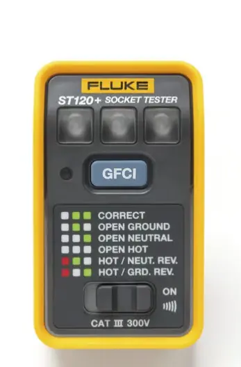PROBADOR DE TOMACORRIENTE ELÉCTRICO ESTÁNDAR O GFCI CON SEÑAL ACÚSTICA, CON LEDS DE ALTO BRILLO Y GRÁFICO INCLUIDO PARA VERIFICAR RÁPIDA Y FÁCILMENTE EL CABLEADO LED DE ALTO BRILLO PARA VERIFICACIÓN RÁPIDA IDENTIFICACIÓN DE ERRORES COMUNES DE CABLEADO SEÑAL ACÚSTICA PARA DETECTAR TENSIÓN RÁPIDAMENTE VERIFICACIÓN DE DISYUNTORES CON SEÑAL ACÚSTICA DETECCIÓN DE CONEXIÓN ABIERTA DE TIERRA MODELO: ST120+ MARCA: FLUKE 