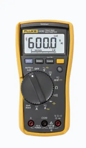 MULTÍMETRO DIGITAL PARA ELECTRICISTA, CON DETECTOR DE VOLTAJE SIN CONTACTO, USO CON VOLTAJE MÁXIMO DE 600 V, PANTALLA LED RETROILUMINADA DETECCIÓN DE VOLTAJE SIN CONTACTO VOLTALERT™️ AUTOVOLT CON IMPEDANCIA BAJA PARA EVITAR VOLTAJE FANTASMA PANTALLA RETROILUMINADA LED BLANCA PARA ÁREAS OSCURAS LECTURAS DE MIN./MAX./PROMEDIO PARA PRECISIÓN SEGURIDAD CAT III 600 V PROBADA MODELO: FLUKE-117 MARCA: FLUKE 