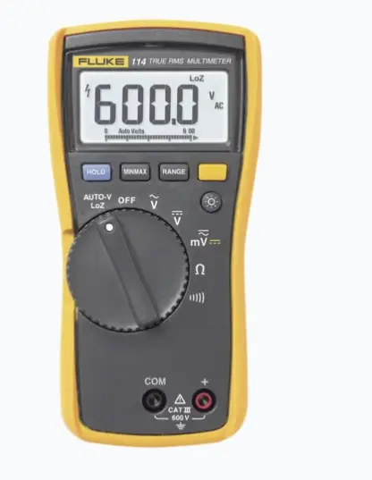 MULTÍMETRO DIGITAL BÁSICO PARA ELECTRICISTA, USO CON VOLTAJE MÁXIMO DE 600 V Y PANTALLA LED RETROILUMINADA FUNCIÓN AUTOVOLT PARA MEDIR VOLTAJE CA/CC AUTOMÁTICAMENTE IDENTIFICACIÓN DE VOLTAJE FANTASMA CON FUNCIÓN LOZ RESOLUCIÓN DE 6.000 RECUENTOS EN LECTURAS PANTALLA RETROILUMINADA PARA AMBIENTES POCO ILUMINADOS SEGURO PARA ENTORNOS CAT III 600 V MODELO: FLUKE-114 MARCA: FLUKE 