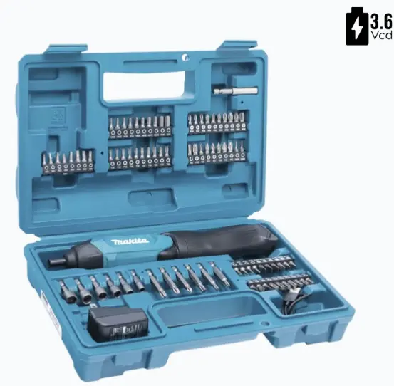 ATORNILLADOR REVERSIBLE (BROQUERO 1/4) DE 220 RPM CON CARGADOR USB (INCLUYE 81 PUNTAS). BATERÍA 3.6V LITIO-ION PARA LARGA DURACIÓN DOBLE POSICIÓN DE TRABAJO: RECTO Y PISTOLA INCLUYE 81 PIEZAS PARA DISTINTAS APLICACIONES LUZ LED INTEGRADA PARA VISIBILIDAD MEJORADA TORQUE MÁXIMO DE BLOQUEO: 6.0 N.M MODELO: DF-001-DW MARCA: MAKITA 