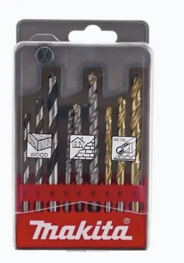 JUEGO CON 9 PIEZAS DE BROCAS KIT DE 9 PIEZAS PARA MÚLTIPLES APLICACIONES INCLUYE BROCAS PARA METAL, CONCRETO Y MADERA MEDIDAS DE BROCAS EN PULGADAS: 3/16, 1/4, 5/16 VARIEDAD DE TAMAÑOS PARA DIFERENTES MATERIALES BROCAS DISEÑADAS PARA PRECISIÓN Y DURABILIDAD MODELO: D71984 MARCA: MAKITA 