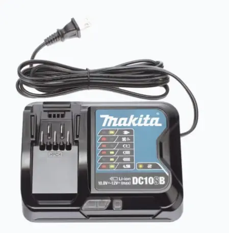 CARGADOR PARA BATERÍA DE LITIO MAKITA DE 12V. CARGA BATERÍA 12V 1.5AH EN 22 MINUTOS COMUNICACIÓN CON CHIP INTEGRADO PARA OPTIMIZACIÓN LUCES INDICADORAS DE ESTADO DE CARGA COMPATIBLE CON BATERÍAS BL1016, BL1021B, BL1041B CONTROL ACTIVO DE CORRIENTE, VOLTAJE Y TEMPERATURA MODELO: DC10SB MARCA: MAKITA 