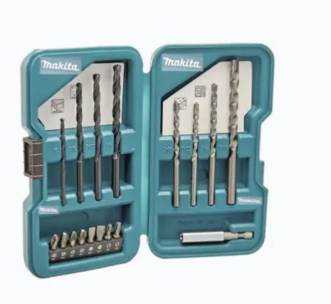 JUEGO DE ACCESORIOS MULTIPROPÓSITO 17 PIEZAS PARA METAL, CONCRETO, MADERA Y PUNTAS PARA ATORNILLAR. PORTA PUNTA MAGNÉTICO PARA FIJACIÓN SEGURA BROCAS HSS-R EN TAMAÑOS VARIADOS INCLUYE BROCAS PARA CONCRETO HASTA 5/16 PULGADAS DIVERSAS PUNTAS PH, T Y PZ INCLUIDAS JUEGO DE HERRAMIENTAS CON REFERENCIA D-45836 MODELO: D-45836 MARCA: MAKITA 