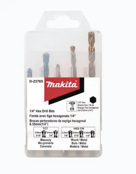 JUEGO DE 5 BROCAS CON INSERCIÓN HEXAGONAL DE 1/4". DE CONCRETO: 3/16" Y 1/4". PARA METAL: 1/8", 3/16" Y 1/4". VÁSTAGO HEXAGONAL PARA CAMBIOS RÁPIDOS Y CONVENIENTES CAÑA HEXAGONAL 1/4' IDEAL PARA IMPULSORES DE IMPACTO INCLUYE BROCAS PARA METAL Y MAMPOSTERÍA COMPATIBLE CON TALADROS DE 3/8' Y 1/2' BROCAS DE CONCRETO DE 3/16' Y 1/4' MODELO: D-23765 MARCA: MAKITA 