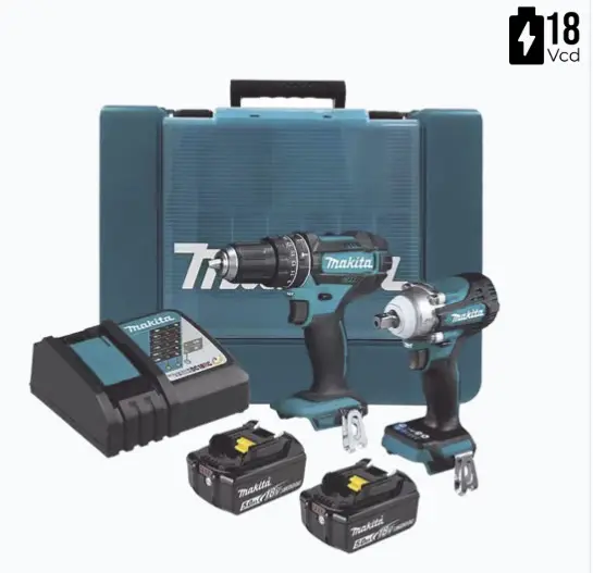 KIT DE ROTOMARTILLO ATORNILLADOR DHP482 + ATORNILLADOR DE IMPACTO DTW301, INCLUYE 2 BATERÍAS BL1850B, 1 CARGADOR DC18SD Y MALETÍN PLASTICO ALTA VELOCIDAD: 1,900 RPM (ALTA), 600 RPM (BAJA) TORQUE DE BLOQUEO MÁXIMO: 54 NM 4 VELOCIDADES ELÉCTRICAS PARA MAYOR CONTROL DOBLE LED PARA ALTA LUMINOSIDAD EN TRABAJOS MOTOR POTENTE: PAR DE APRIETE 330 NM MODELO: DLX2500T MARCA: MAKITA 