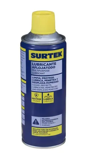 ACEITE AFLOJATODO 400 ML CUMPLE CON LA NOM-018-STPS-2015 PRESENTACIÓN EN LATA DE 400 ML LIMPIA MOHO Y HUMEDAD EFICAZMENTE HECHO EN MÉXICO CON ALTA CALIDAD ELIMINA MANCHAS DIFÍCILES FÁCILMENTE MODELO: SYS-WS400 MARCA: SURTEK 