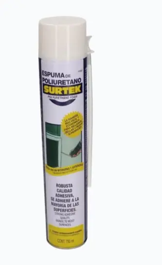 ESPUMA DE POLIURETANO / CAPACIDAD 750 ML. SISTEMA DE VÁLVULA DE UNA SOLA APLICACIÓN USO MULTIUSO: FIJAR, RELLENAR, AISLAR, SELLAR ADHESIÓN EN VIDRIO, MADERA, METAL Y PLÁSTICO INCLUYE TUBO PARA ACCESO EN LUGARES DIFÍCILES LATA DE 750 ML CON APLICACIÓN INVERTIDA MODELO: SYS-113-502 MARCA: SURTEK 