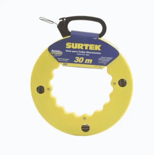 GUÍA JALA CABLE DE 30 METROS DE LONGITUD OJO AGRANDADO PARA 5 ALAMBRES CALIBRE 12 AWG VENTANAS PARA VERIFICAR CANTIDAD DE CABLE DISPONIBLE GUÍA EN ACERO SAE 1045 PARA DURABILIDAD CALIBRE DEL ALAMBRE DE 1/16 X 1/8 LONGITUD MÁXIMA DE 30 M MODELO: SYS-112601 MARCA: SURTEK 
