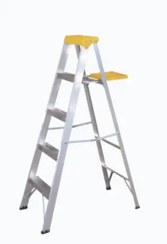 ESCALERA DE ALUMINIO TIPO TIJERA, 5 PELDAÑOS DE 1.83 METROS. PRÁCTICA BANDEJA DE 9' X 10' CON RANURA TAPA PLÁSTICA 5' X 12.5' CON 5 REMACHES ESCALONES RESISTENTES CON SISTEMA ANTIDERRAPANTE TIRANTES DE SEGURIDAD PARA MAYOR ESTABILIDAD CUMPLE CON NORMA ANSI A14.2 MODELO: SYS-ET5 MARCA: SURTEK 