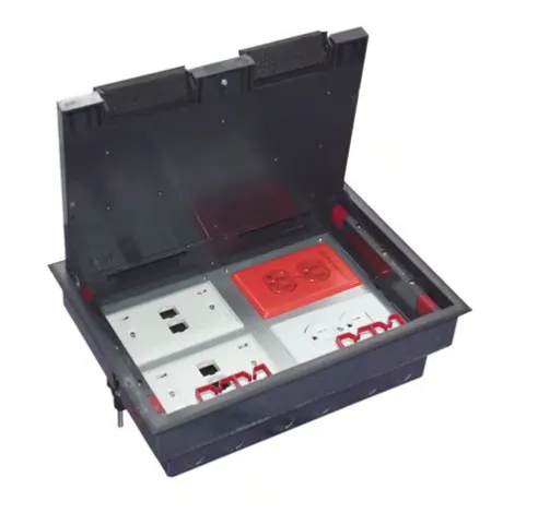 CAJA DE PISO PARA CUATRO MÓDULOS UNIVERSALES (SOCKET M4), PARA ALIMENTACIÓN ELÉCTRICA Y REDES DE DATOS (11000-43401) NO INCLUYE FACEPLATES ALIMENTACIÓN ELÉCTRICA Y DATOS EN DISEÑO INTEGRADO PESO TOTAL DE 1.957 KG PARA ESTABILIDAD FABRICADO EN ABS Y ACERO GALVANIZADO RESISTENTE COMPATIBLE CON DIVERSAS PLACAS Y MECANISMOS COLOR NEGRO PARA UN ACABADO PROFESIONAL MODELO: TH-CP-4M MARCA: THORSMAN