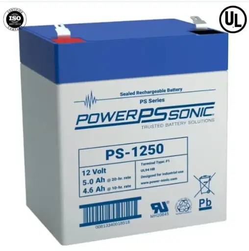 BATERÍA 12V, 5.0AH, PARA RESPALDO, TECNOLOGÍAS AGM/VRLA, 5 AÑOS VIDA ÚTIL, TERMINALES F2, RECONOCIDA UL MODELO: PS-1250-F2 MARCA: POWER SONIC